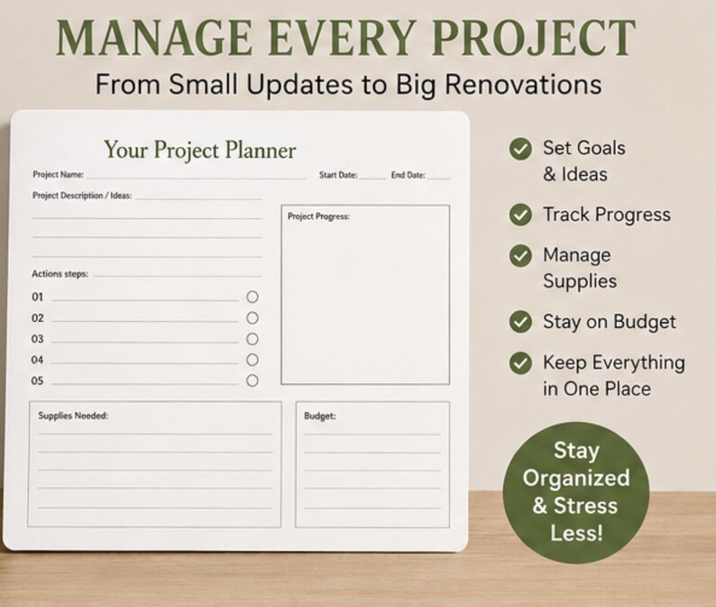 May include: A white project planner board with black text reading Your Project Planner, Project Name, Start Date, End Date, Project Description, Actions steps, Supplies Needed, and Budget. The board includes checkboxes and lined sections.