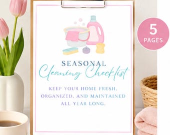 May include: A clipboard holding a document titled Seasonal Cleaning Checklist with text that reads Keep your home fresh, organised, and maintained all year long. The document features watercolour illustrations of a bucket, detergent, and sponges.