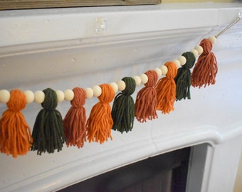 Fall Garland Yarn Tassels Wooden Beads | Boho Fall Mantle Decor | Fall Fireplace Garland | Autumn Farmhouse Decor