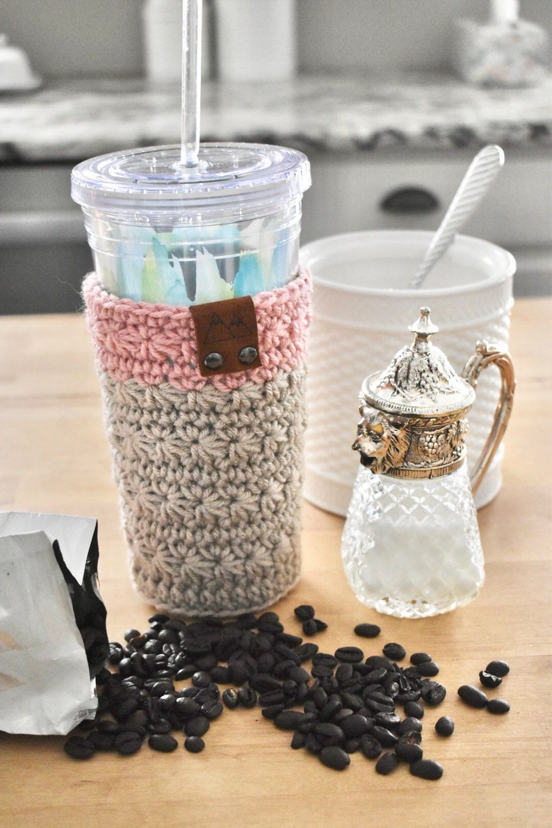 Cold Brew Coffee Cup Cozy Iced Coffee Cup Sleeve Crochet Tumbler Reusable Sleeve Coffee Cup Cozy With Leather Tag image 2