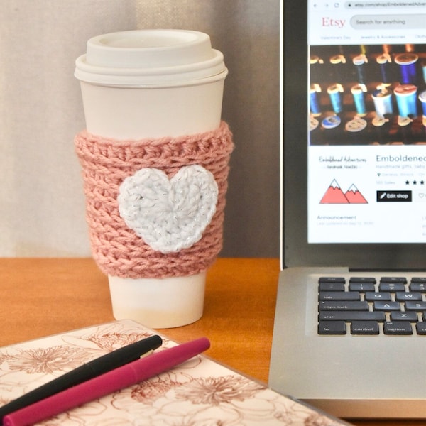 Crochet Love Reusable Heart Coffee Cozy Thermos Sleeve