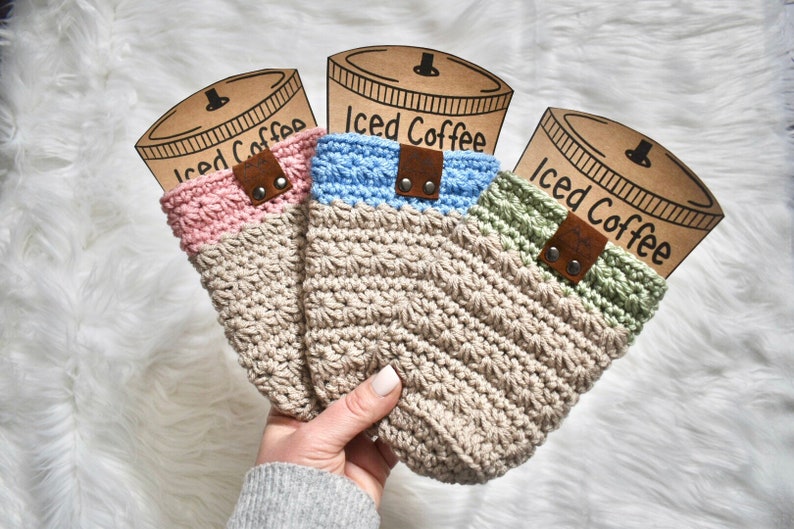 Cold Brew Coffee Cup Cozy Iced Coffee Cup Sleeve Crochet Tumbler Reusable Sleeve Coffee Cup Cozy With Leather Tag image 6