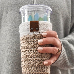 Cold Brew Coffee Cup Cozy Iced Coffee Cup Sleeve Crochet Tumbler Reusable Sleeve Coffee Cup Cozy With Leather Tag image 1