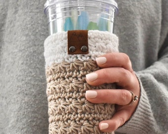 Tasse à café infusée à froid confortable | Etui pour tasse à café glacé | Pochette réutilisable pour gobelet au crochet | Tasse à café confortable avec étiquette en cuir