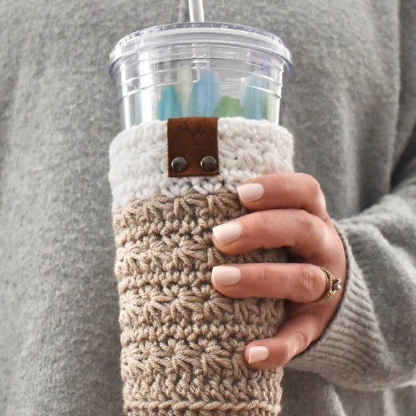 Cold Brew Coffee Cup Cozy | Iced Coffee Cup Sleeve | Crochet Tumbler Reusable Sleeve | Coffee Cup Cozy With Leather Tag