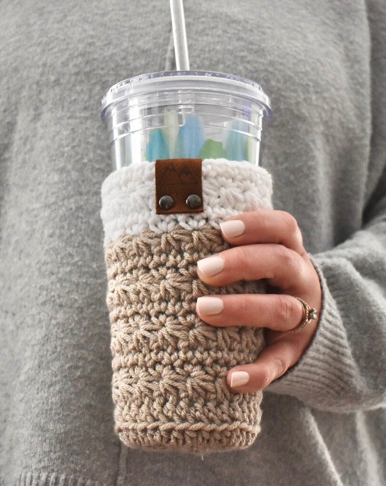 Cold Brew Coffee Cup Cozy Iced Coffee Cup Sleeve Crochet Tumbler Reusable Sleeve Coffee Cup Cozy With Leather Tag image 1