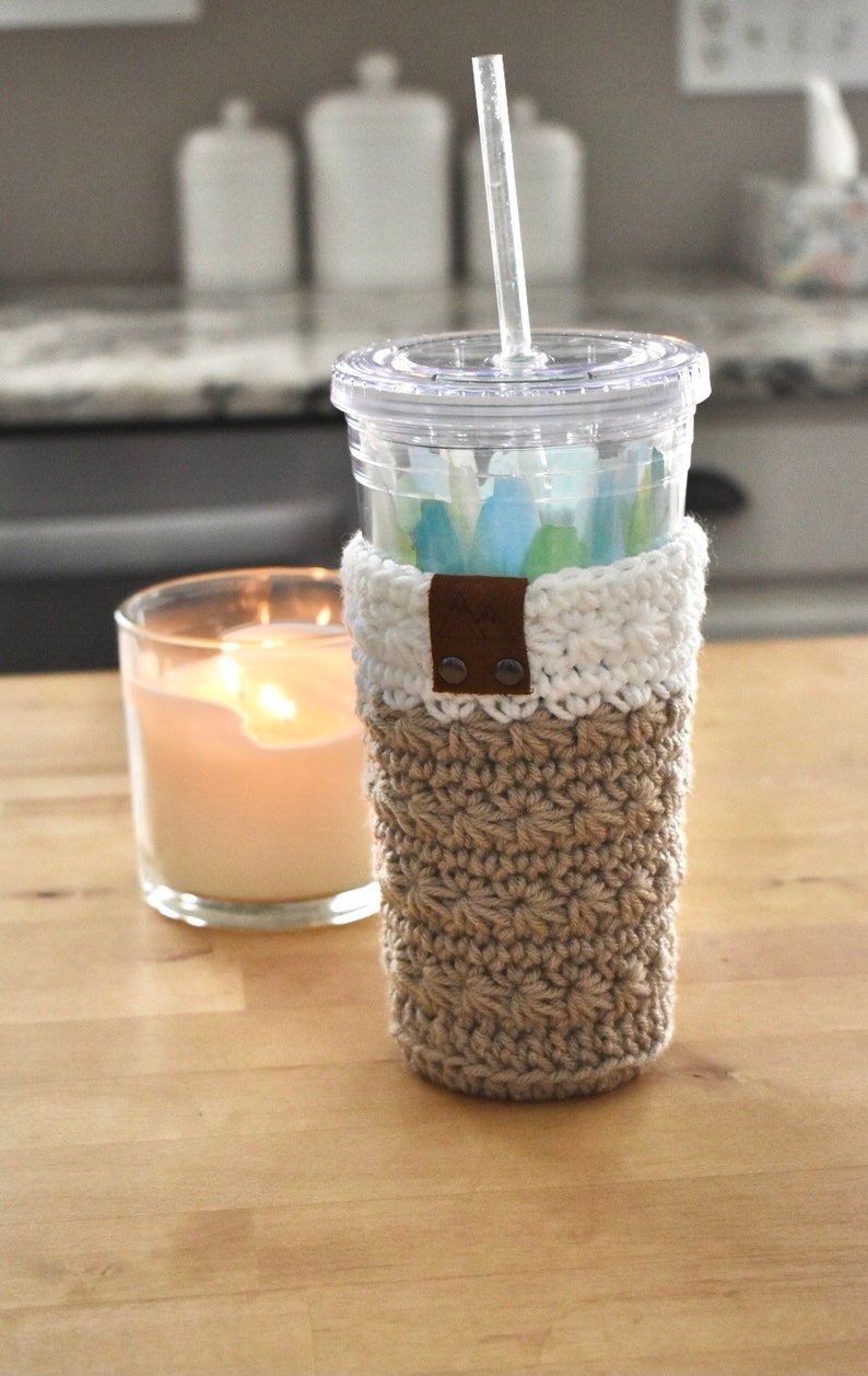 Cold Brew Coffee Cup Cozy Iced Coffee Cup Sleeve Crochet Tumbler Reusable Sleeve Coffee Cup Cozy With Leather Tag image 4