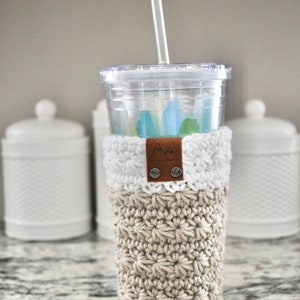 Cold Brew Coffee Cup Cozy Iced Coffee Cup Sleeve Crochet Tumbler Reusable Sleeve Coffee Cup Cozy With Leather Tag image 7