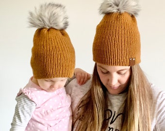 Mama and Mini Knit Hat with Faux Fur Pom | Mommy and Me Knit Beanie Fur Pompom | Mom and Baby Matching Winter Hats