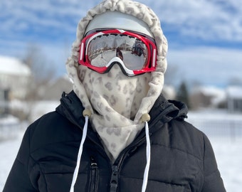 Over the Helmet Hood | Ski Hood | Helmet Hood | Snowboard Hood | Face Mask Hood | Soft Snow Leopard Ski Hood | Cheetah Fleece Helmet Hood