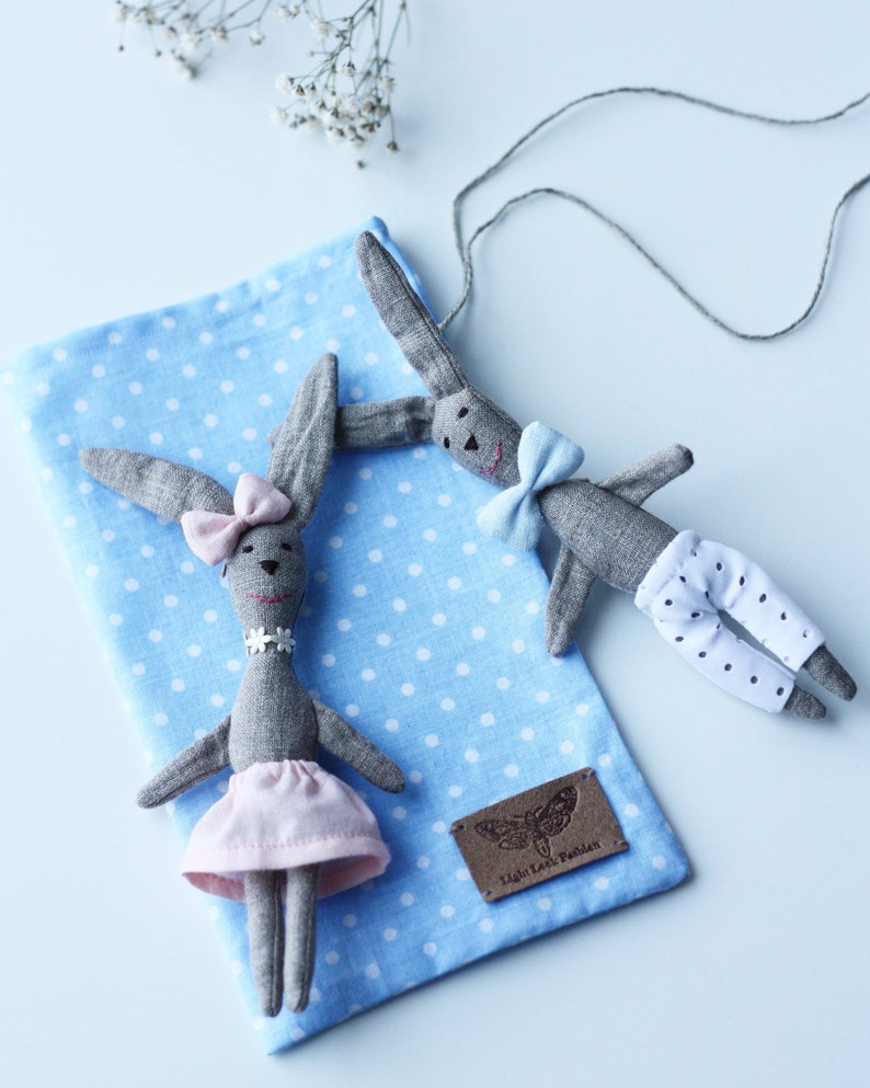 Two cute mini linen rabbits as Valentine/'s day gift for kids and aduls