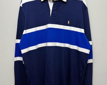 Vintage Polo Ralph Lauren Rugby Shirt | Navy Blue White Stripe Cotton Menswear L