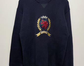 Jersey de punto de algodón vintage Tommy Hilfiger / Cuello redondo azul marino con escudo bordado, talla grande