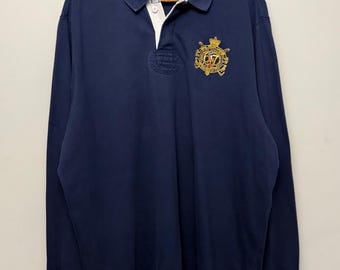 Vintage Y2K Polo Ralph Lauren Rugbyskjorta XL Marinblå Vapensköld Broderad Heavyweight Bomull Ivy Prep Heritage Herr