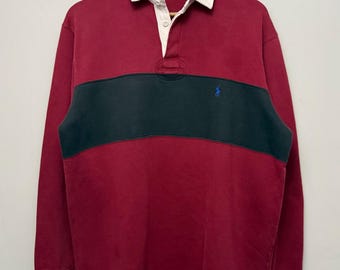 Vintage Polo Ralph Lauren Rugby Shirt Medium Maroon Black Color Block 90s Fleece Ivy
