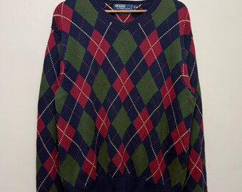 Vintage Polo Ralph Lauren Argyle-tröja Medium Marinblå Vinröd Huntergrön V-ringad Cotton Ivy Preppy Heritage 90-tals Y2K
