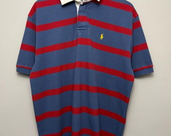 Y2K Polo Ralph Lauren Randig Rugby Pikétröja Stor Blå Vinröd Bomull Preppy Klassisk Ivy Heritage Vintage 2000-tal