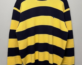 Vintage Polo Ralph Lauren Striped Cotton Sweater – Navy Yellow Crewneck Knit
