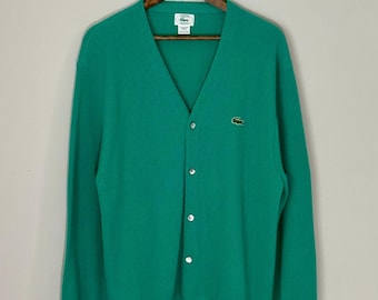 Cardigan vintage IZOD Lacoste verde smeraldo – Maglione in maglia acrilica prodotto negli Stati Uniti