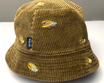 Vintage Polo Ralph Lauren Corduroy Bucket Hat Olive Brown Feather Print All Over Embroidered Y2K 90s Heritage Outdoor