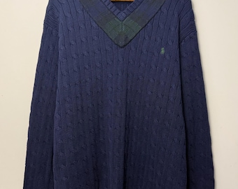 Vintage Polo Ralph Lauren kabeltrui voor heren, maat XL, marineblauw, katoen, V-hals met ruitjesrand.
