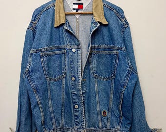 Vintage Tommy Hilfiger Denim Jacket Large 90s Blue Jean Coat Tan Corduroy Collar