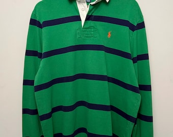 Vintage Polo Ralph Lauren Rugby Shirt Green Navy Stripes 100% Cotton Size M
