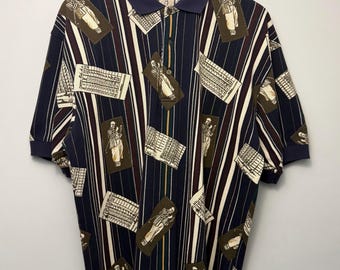 Vintage GANT Golf Polo Shirt 90s Golfer Print All Over Pattern Striped Knit Polo Made in Palestine Mens Large