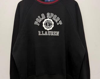 Sudadera vintage de los 90 de Polo Sport Ralph Lauren, talla XL, color negro, con logo del escudo. Hecha en Hong Kong.