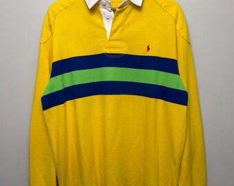 Vintage Polo Ralph Lauren Rugby Shirt | Yellow Blue Green Stripe, Heavy Cotton, Size L