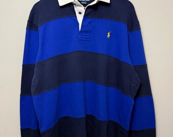 Vintage Y2K Polo Ralph Lauren Rugby Shirt: Blue Navy Stripe, Elbow Patch, Cotton (Medium)