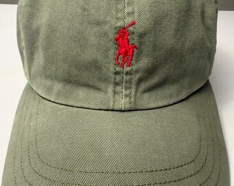 Vintage Polo Ralph Lauren Leather Strapback Hat Olive Green Red Pony Dad Hat Adjustable Baseball Cap Preppy Ivy Golf