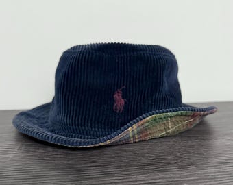 Vintage Polo Ralph Lauren Corduroy Bucket Hat – Navy With Plaid Interior Ivy Style