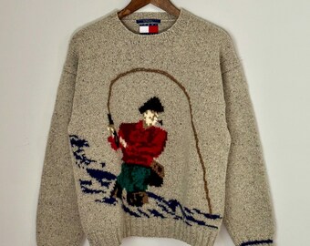 Vintage Tommy Hilfiger Fisherman Knit Sweater M 90s Graphic Cream Chunky Cozy Pullover