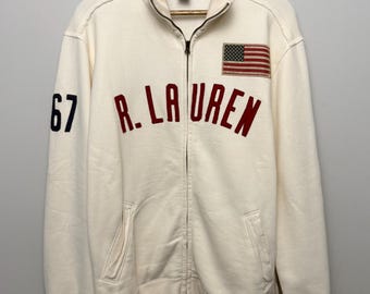 Vintage Polo Jeans Co. Ralph Lauren Full Zip Sweatshirt Jacket Large Flag Patch 67 Fleece