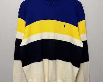 Vintage Polo Ralph Lauren Striped Cotton Sweater – Blue Yellow Color Block Knit Large