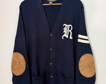 Ralph Lauren Rugby Navy Cotton Cardigan Sweater XL Suede Elbow Patches Ivy League