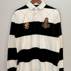Vintage Polo Ralph Lauren Rugby Shirt | Black Cream Stripes, Crest Patch, PRLC 5 Graphic