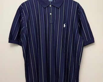 Y2K Polo Ralph Lauren Pima bomullsrandig pikétröja stor | Marinblå vertikala randiga preppy golftröjor Ivy League 2000-tals lätt bomull NOS