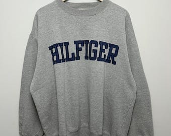 Vintage Tommy Hilfiger Gray Spell Out Crewneck Sweatshirt XL 90s Americana Pullover