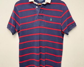 Vintage Polo Ralph Lauren Rugby Shirt: Navy Red Stripes, Custom Fit Medium