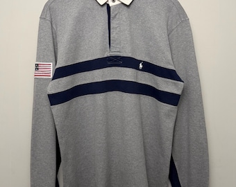 Vintage Polo Sport Ralph Lauren Rugby Shirt USA Flag Patch Gray Large 90s Y2K