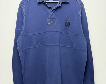 Y2K Polo Ralph Lauren Big Pony Rugby Shirt XL | Heavy Cotton Faded Blue Ivy League