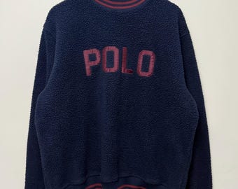 Vintage Polo Ralph Lauren Sherpa Fleece Sweatshirt USA Made Large Navy Burgundy Crewneck