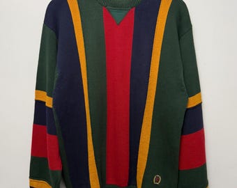 Vintage 90s Tommy Hilfiger Colorblock Sweater – Heavyweight Cotton Knit Crest Logo
