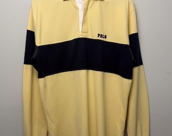 Vintage Polo Ralph Lauren Rugby Shirt: Yellow Navy Stripe Cotton, Size Medium