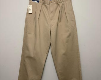 Vintage Polo Ralph Lauren Andrew Chino Pants 35x32 Tan Khaki Pleated 90s Deadstock NOS Made in Singapore Classic Fit