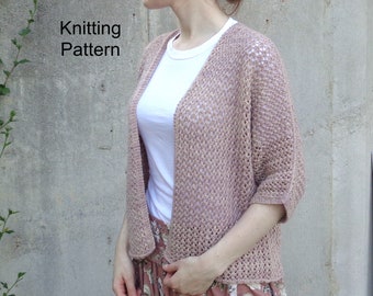 Cardigan Shrug with Lace Design, Hand Knit, Sport Weight Yarn, Elbow Sleeves, Loose Relaxed Fit, Womens XS S M L XL XXL