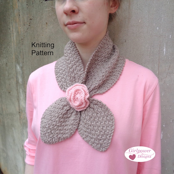 Rose Ascot Scarf Knitting Pattern, Neck Warmer with Flower Accent, Worsted Yarn, Girls Women Bow Scarf