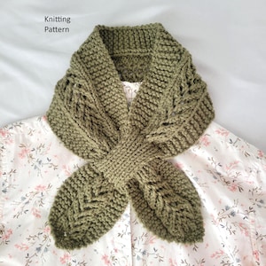 Garter Stitch & Lace Ascot Scarf Knitting Pattern, Neck Warmer Bow Scarf
